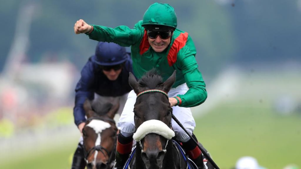 Pat Smullen and Harzand after victory in the Irish Derby at the Curragh. Photograph: PA