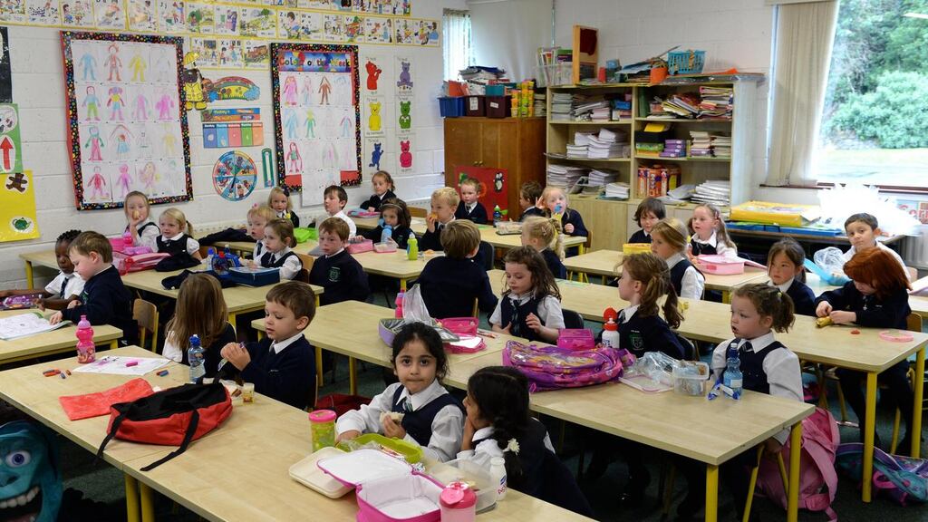 Children in junior infants at Scoil Naomh Feichín, Termonfeckin, Co. Louth. Photographer: Dara Mac Dónaill/The Irish Times