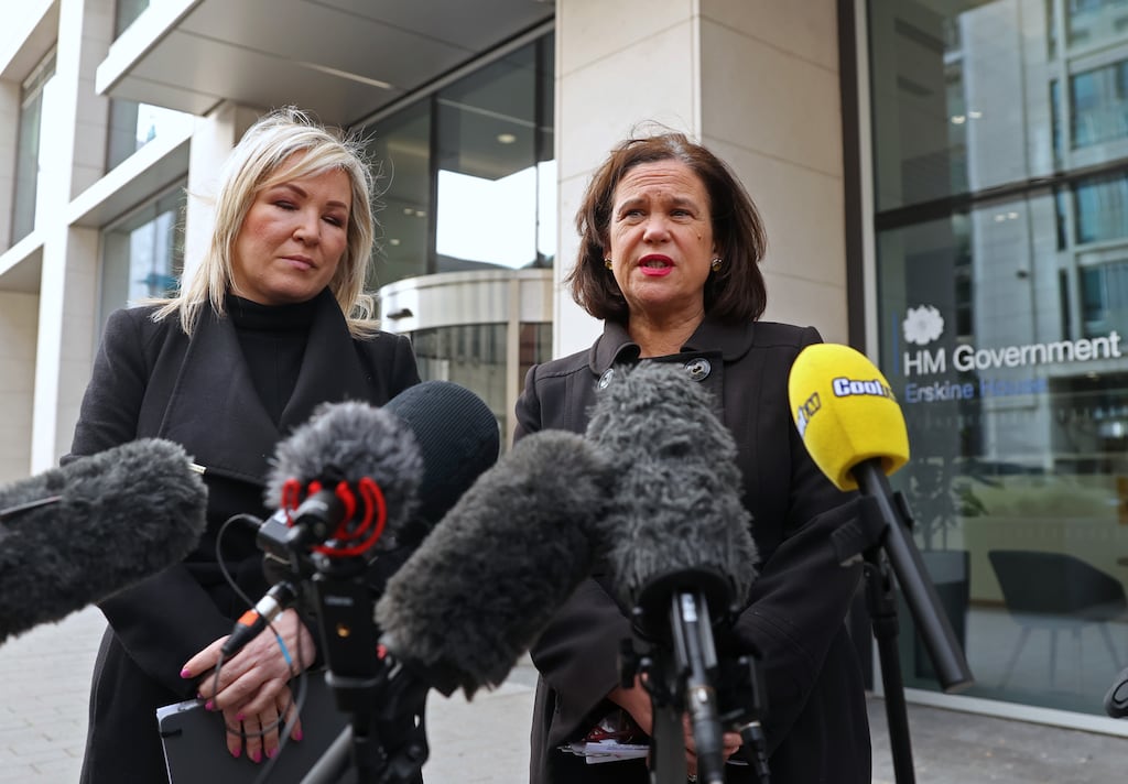 Sinn Féin leader Mary Lou McDonald and vice-president Michelle O'Neill speak to the media outside the Northern Ireland Office at Erskine House, Belfast, after Northern Ireland Secretary Chris Heaton-Harris held a round table session with Stormont leaders. Photograph: Liam McBurney/PA