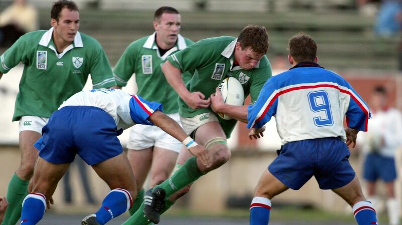 Malcolm O’Kelly carries during Ireland’s 2002 win over Russia. Photograph: Billy Stickland/Inpho