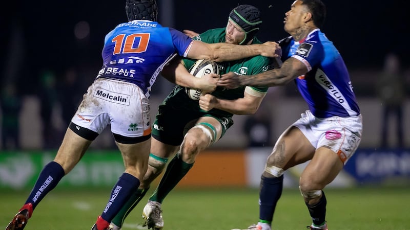 Eoin McKeon is takcled by Ian McKinley and Monty Ioane during Connacht’s win over Benetton. Photograph: Morgan treacy/Inpho