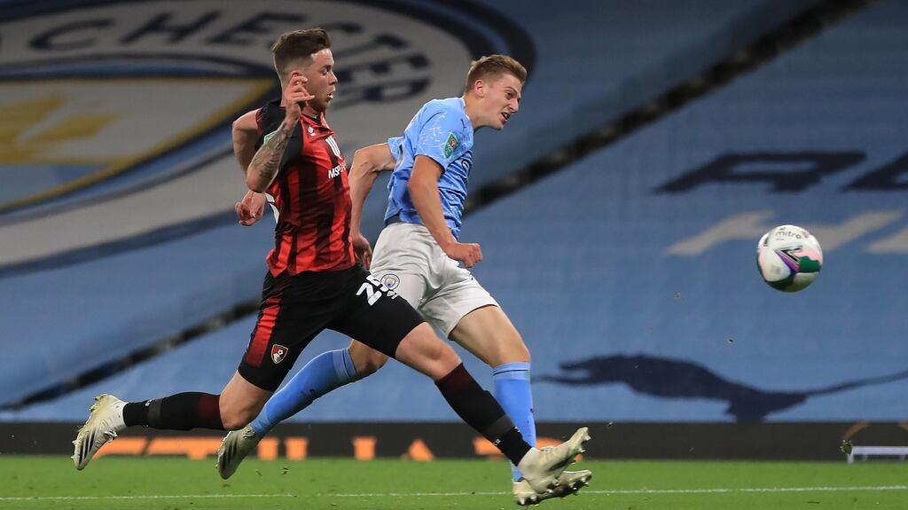 Manchester City’s Liam Delap scores his side’s first goal during the Carabao Cup third round match against Bournemouth at the Etihad Stadium. Photograph: Mike Egerton/PA Wire