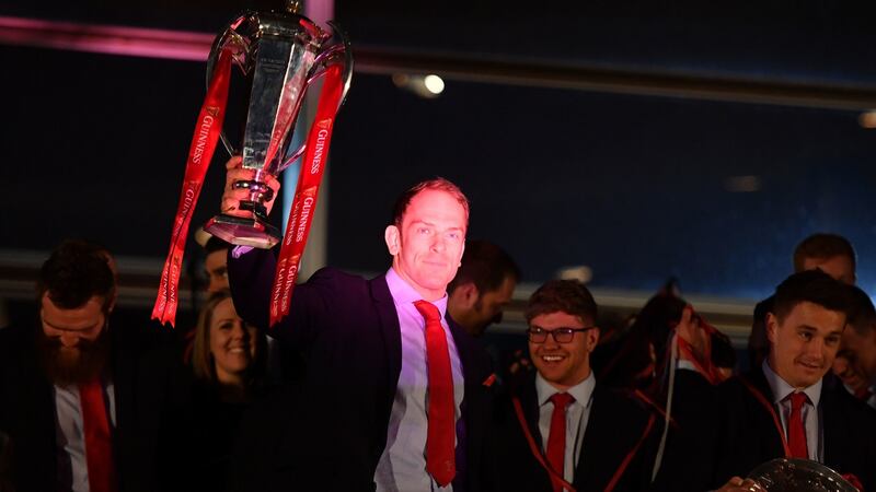 Wales captain Alun Wyn Jones with the Six Nations trophy at a celebration welcome at the Senedd in Cardiff Bay on Monday. Photograph: Simon Galloway/PA Wire