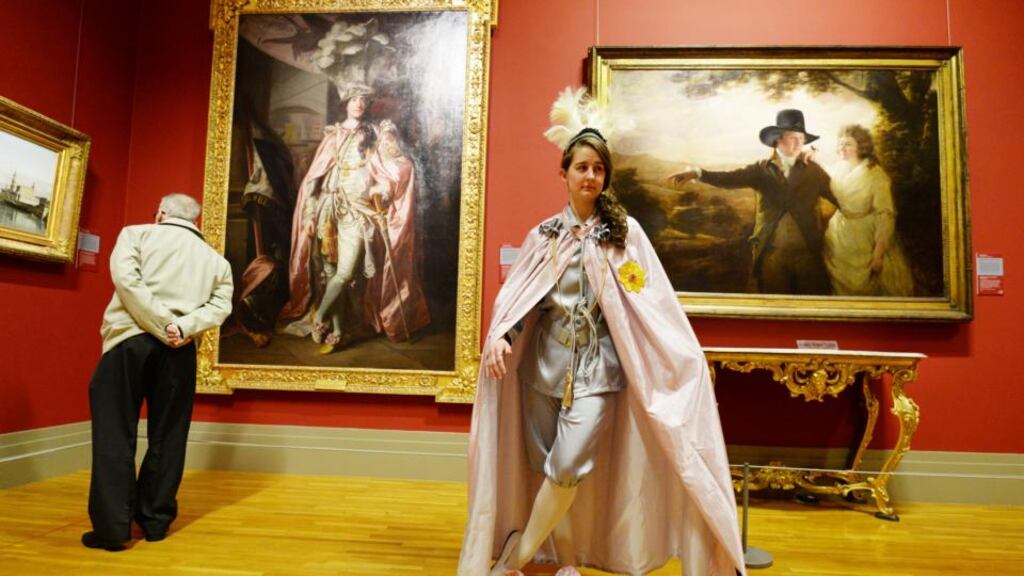 Karen Greene dressed as ‘The Earl of Bellamont’ from a painting by Joshua Reynolds (left) in the National Gallery of Ireland, ahead of Culture Night last year. Attendant staff at the gallery are planning to hold a one-day strike this Thursday. Photograph: Alan Betson/The Irish Times