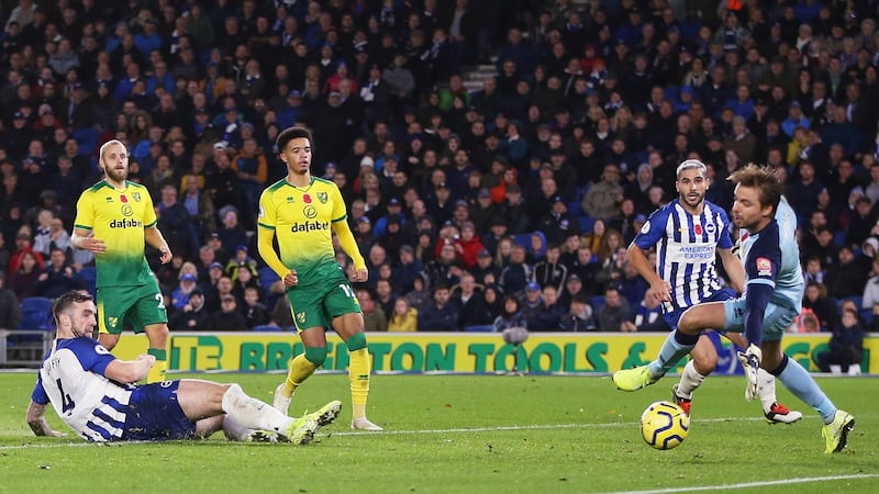 Shane Duffy scores Brighton’s second goal during the Premier League match against Norwich City. Photograph: Steve Bardens/Getty Images