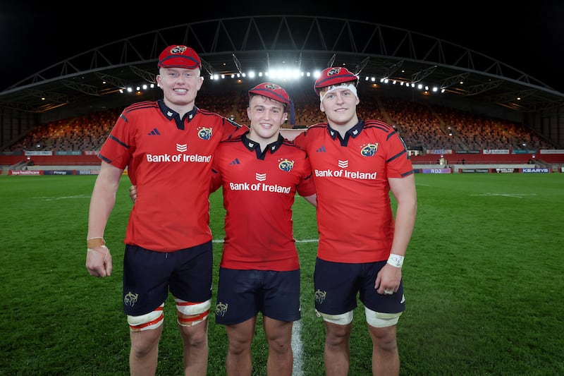 Conor Ryan, Max Clein and Luke Murphy after earning their first Munster caps against an Argentina XV at Thomond Park. Photograph: Laszlo Geczo/Inpho