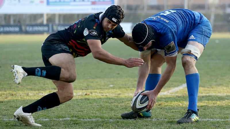 Scott Fardy scores during Leinster’s win away to Zebre. Photograph: Matteo Ciambelli/Inpho