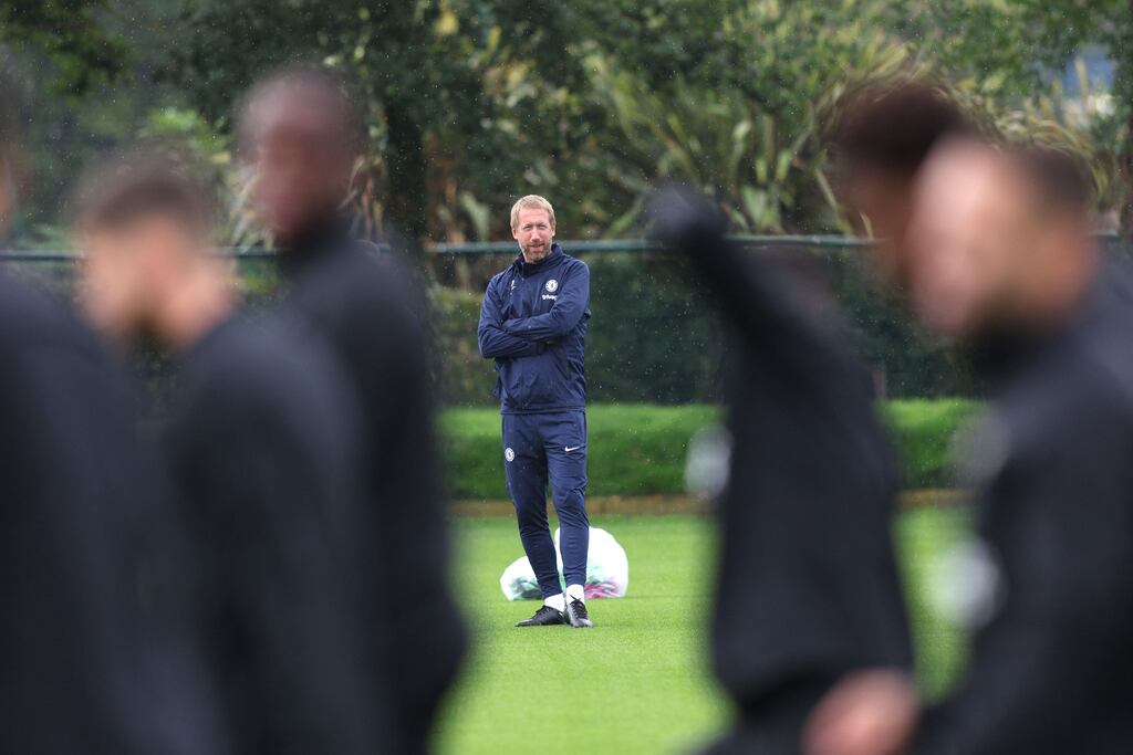 Chelsea's English manager Graham Potter leads training. Photograph: Adrian Dennis/AFP via Getty