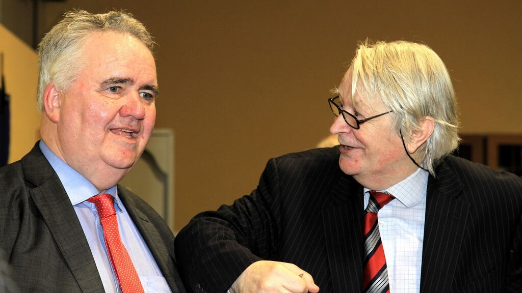 Willie Penrose with Labour’s Joe Revington at the count centre in Longford. Photograph: Michelle Ghee