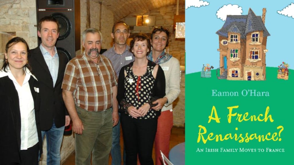 Eamon O’Hara, second left, at the official opening of his local community café, the Gariotte, with the mayor of his village (with moustache) and his wife Tanya, second right