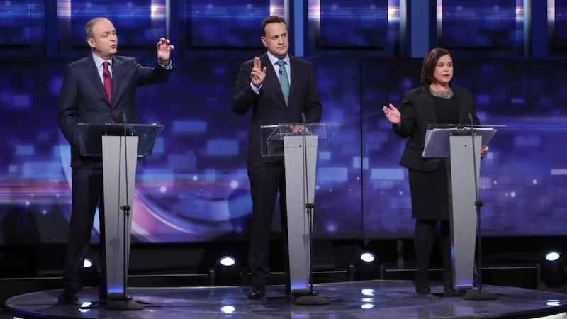 From left to right: Fianna Fáil leader Micheál Martin, Fine Gael leader Leo Varadkar and Sinn Féin president Mary Lou McDonald during the final TV leaders’ debate on Tuesday evening. Photograph: Niall Carson/Pool/Getty Images