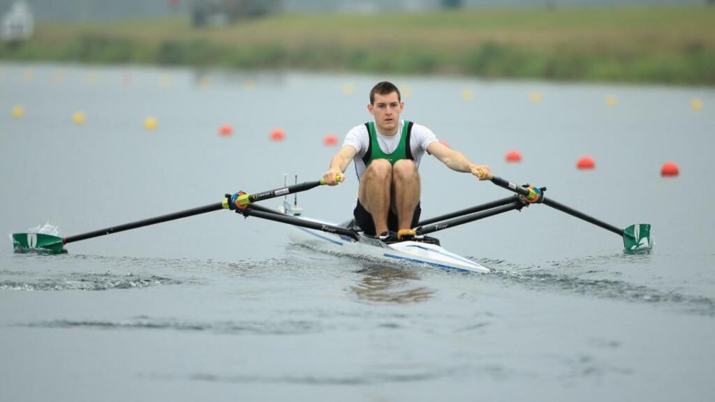 Paul O’Donovan won his heat in the lightweight men’s single sculls at the World Under-23 Championships in Varese, Italy, yesterday to qualify for the quarter-finals. Photograph: Richard Heathcote/Getty Images
