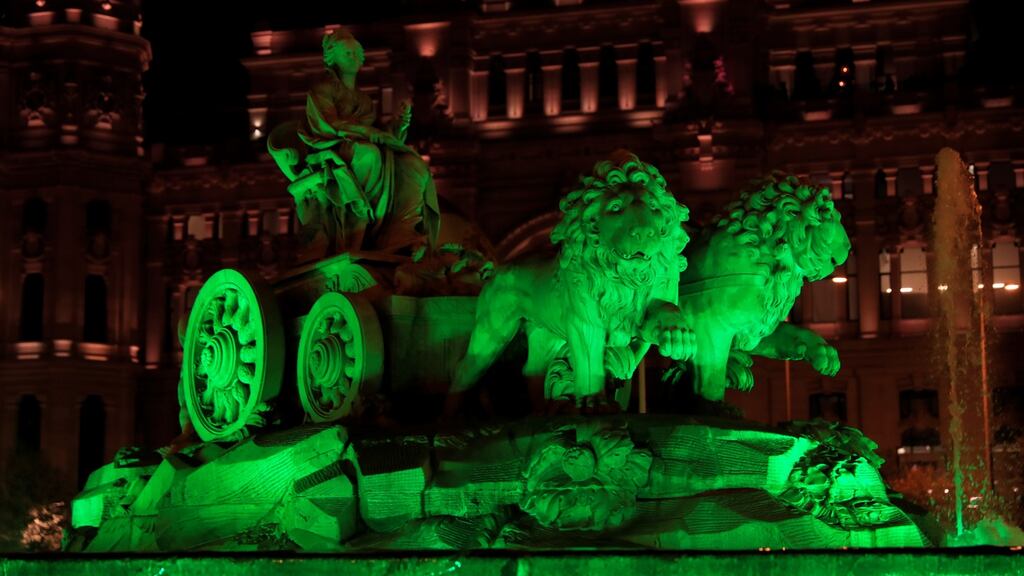 Madrid’s Cibeles fountain for St Patrick’s Day. Photograph: EPA/Fernando Alvarado