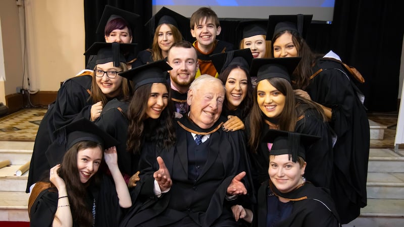 Tom Boyle pictured with his class following their graduation from WIT. Photograph: Patrick Browne