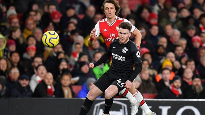 Aaron Connolly gets ahead of David Luiz during Brighton’s win over Arsenal. Photograph: Ben Stansall/AFP/Getty