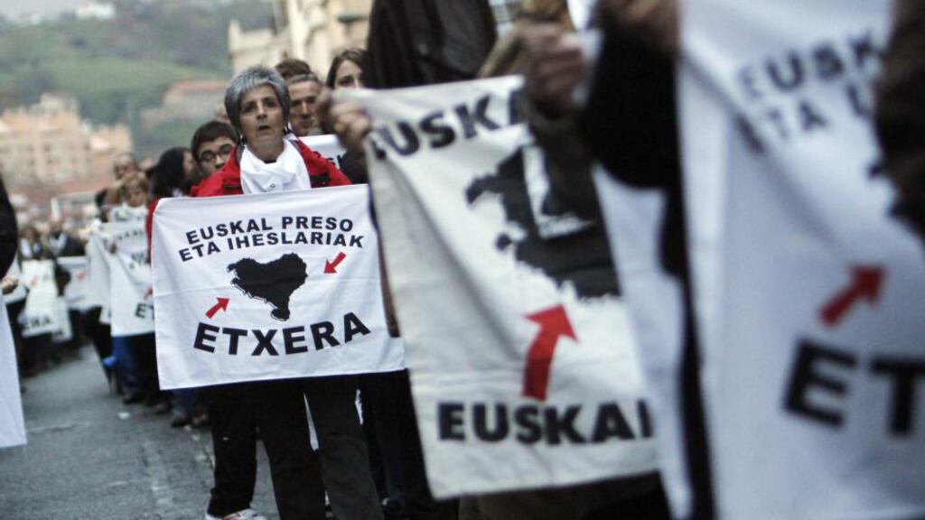 Relatives of imprisoned members of Eta take part in a march demanding the transfer of Eta prisoners to the Basque country in Bilbao in January 2013. Another thorny issue in the wake of Eta’s ceasefire has been the status of the 500 or so members of the organisation who are still in prison, most of whom are deliberately kept in jails far from their families. Photograph: Rafa Rivas/AFP/Getty Images