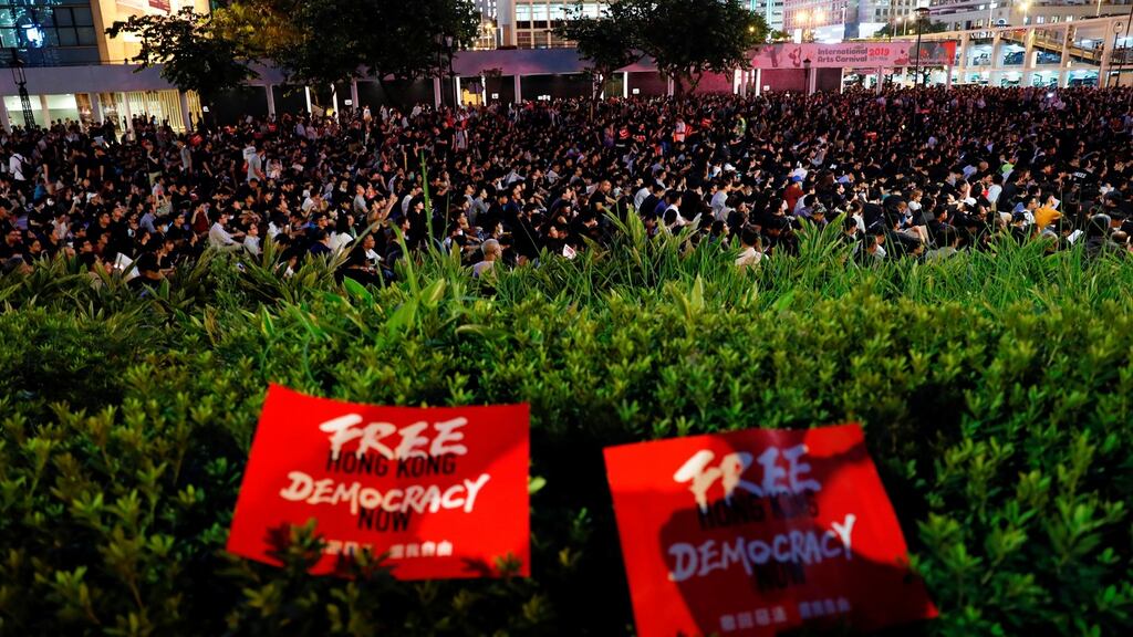 Demonstrators attend a rally in Hong Kong ahead of the G20 summit in Japan, urging the international community to back their demands for the government to withdraw the extradition Bill. Photograph: Tyrone Siu/Reuters