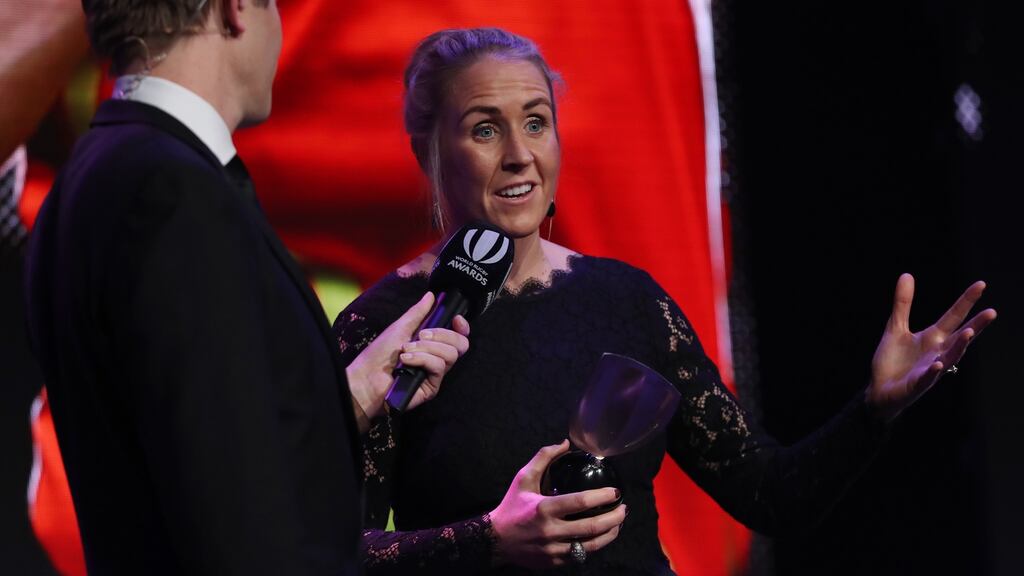 Joy Neville is interviewed after receiving the World Rugby Referee Award during the World Rugby Awards 2017 in Monte-Carlo, Monaco. Photograph: Dave Rogers/World Rugby/Getty Images