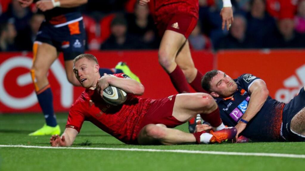 Munster’s Keith Earls scores a try in a Guinness PRO14 match against Edinburgh at Irish Independent Park, Cork on November 30th Photograph: Oisin Keniry/Inpho