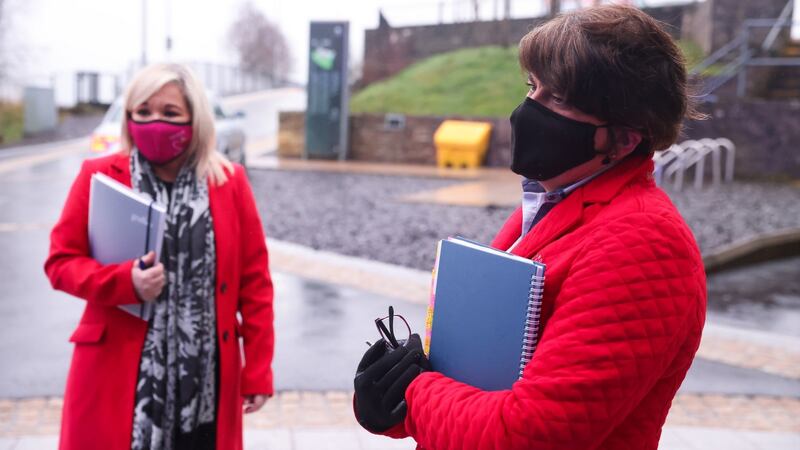 From left: Deputy First Minister Michelle O’Neill (SF) and First Minister Arlene Foster after a news conference in Tyrone on Thursday. Photograph: Kelvin Boyes/Press Eye/PA