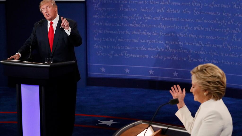 Republican US presidential nominee Donald Trump speaks as Democratic U.S. presidential nominee Hillary Clinton listens during their third and final 2016 presidential campaign debate at UNLV in Las Vegas, Nevada, US, October 19th, 2016. Photograph: Mark Ralston/Reuters