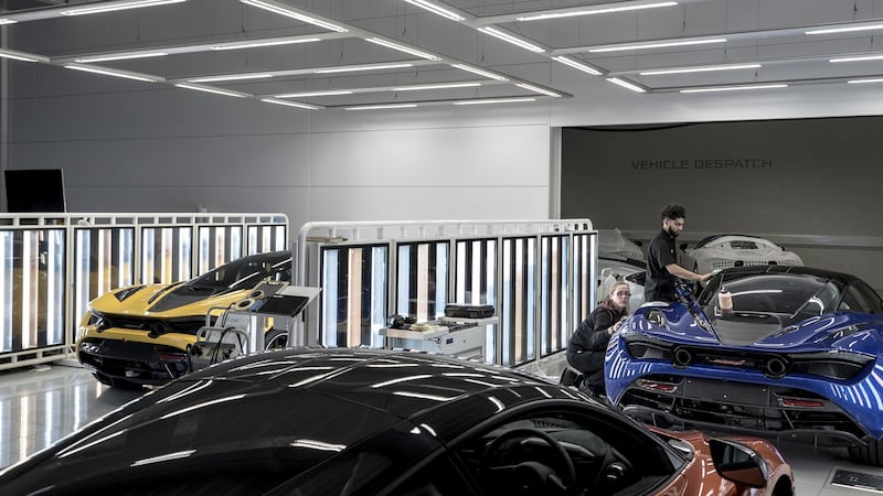 The production line at McLaren’s factory in Woking, England. Photograph: Andrew Testa/The New York Times