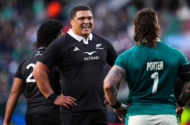 New Zealand’s Tamaiti Williams celebrates after scoring his team's second try against Ireland at Soldier Field on Saturday. Photograph: Robert Alam/Inpho/Photosport