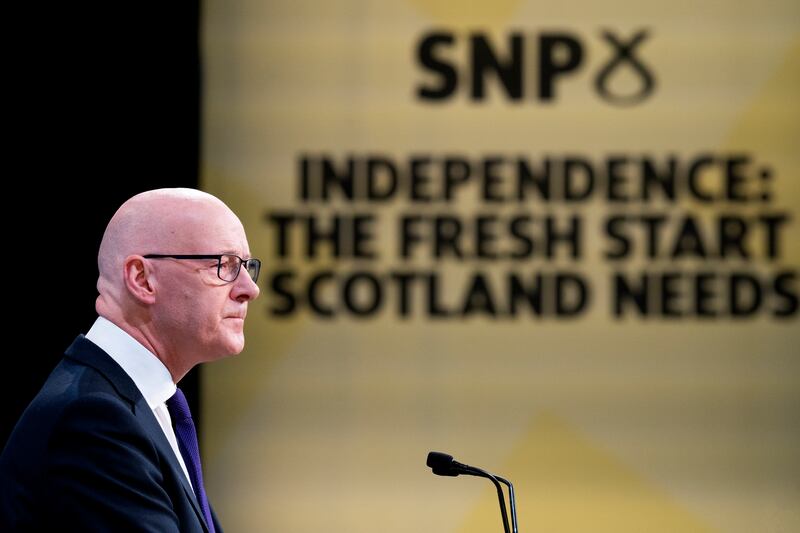 First Minister of Scotland John Swinney, delivers his keynote speech at the SNP annual conference at the Event Complex Aberdeen. Photograph: Jane Barlow/ PA Wire