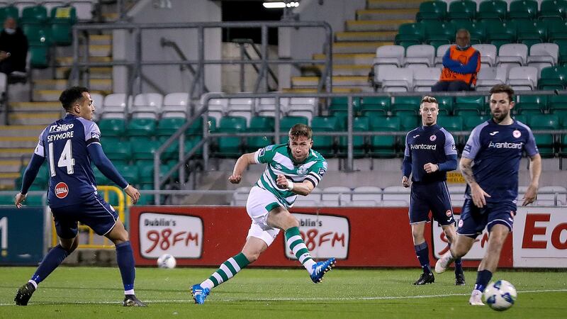 Shamrock Rovers’ Ronan Finn scores the opening goal in the victory over Sligo Rovers in Tallaght on October 21st. Photograph: Tommy Dickson/Inpho