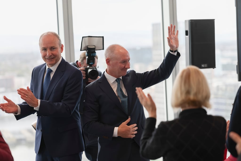 Fianna Fáil's presidential candidate Jim Gavin and Taoiseach Micheál Martin at the campaign launch in the XO Building, Dublin 1. Photograph: Dan Dennison