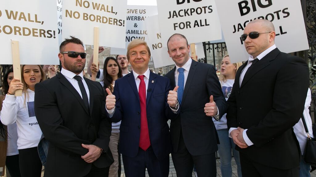 Oliver Callan as Donald Trump at the launch in Dublin of Lottoland: the Gibraltar-based firm generated €300m in revenue last year