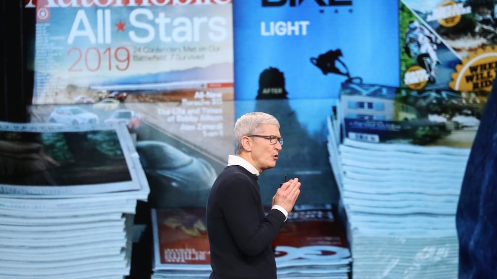 Tim Cook, Apple’s chief executive, announcing the company’s new streaming services at the Steve Jobs Theater on the Apple Park campus in Cupertino, Calif.. Photograph: Jim Wilson/The New York Times