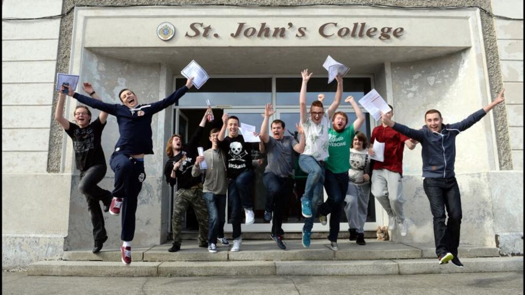 St John’s College Ballyfermot students with their Leaving Cert Results: from left, Dean Hogarty, Luke Noonan, Eoin de Lecy, Nathan Doyle, Robert Swaine, Jordan Doyle Mathew Murphy Kalim Teeling and Dean Cullins. Photograph: Brenda Fitzsimons/The Irish Times