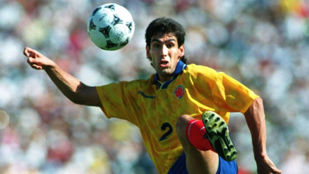 Colombia’s Andrés Escobar attempts to control the ball in the game against the USA at the Rose Bowl in Pasadena during the 1994 World Cup. It was during this game that Escobar put into his own net for that fateful own-goal. Photograph: Shaun Botterill/Allsport