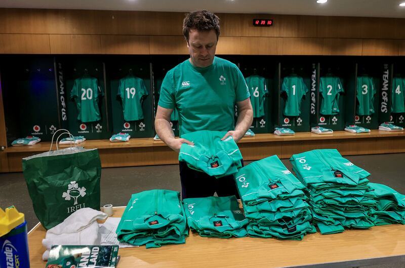 John Moran, Ireland kit and logistics co-ordinator, prepares the Ireland kit ahead of the Grand Slam decider against England. Photograph: Dan Sheridan/Inpho
