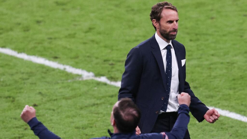 England manager Gareth Southgate celebrates victory over Denmark at the final whistle at Wembley. Photograph: Catherine Ivill/Getty Images