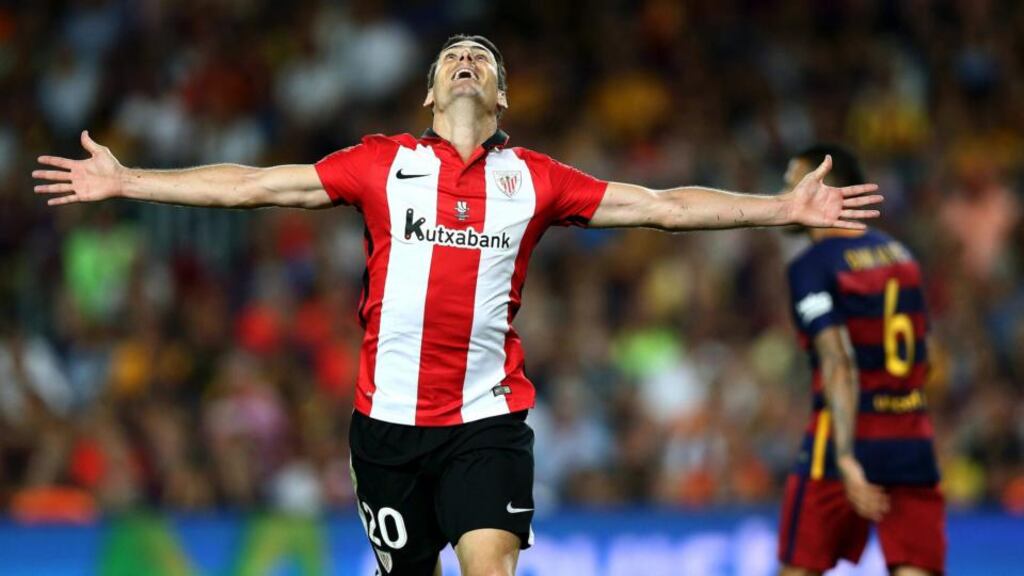 Athletic Club’s Aritz Aduriz celebrates after scoring against FC Barcelona during the Spanish soccer Supercup second leg match at Camp Nou. Photograph: EPA