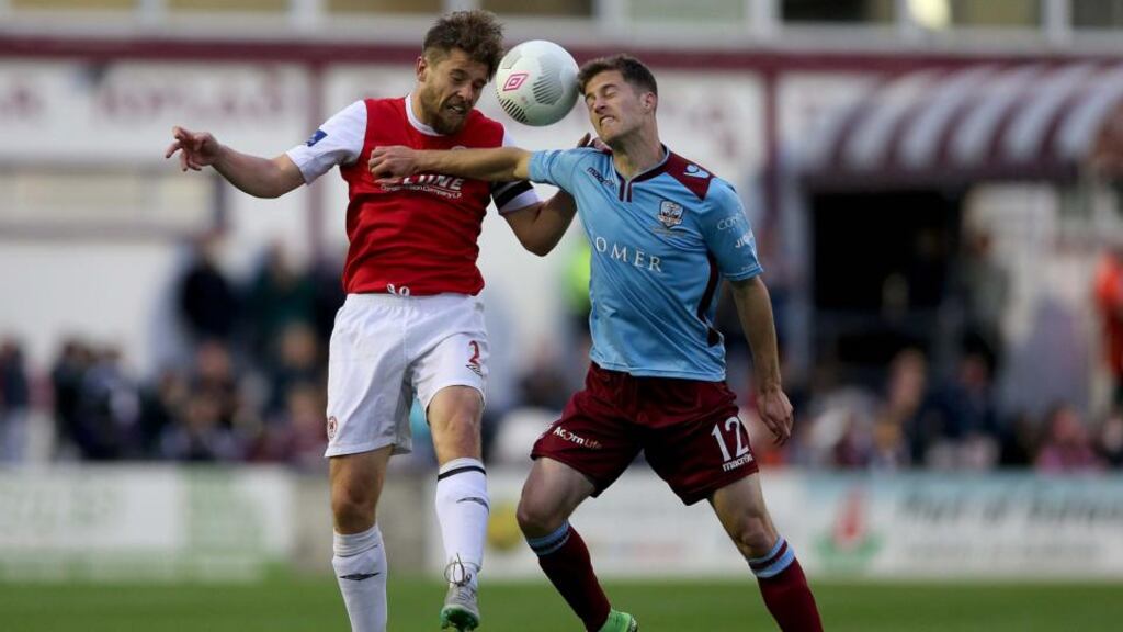 Ger O’Brien of Pat’s battles Jake Keegan of Galway at Eamonn Deacy Park Photograph: INPHO/Donall Farmer