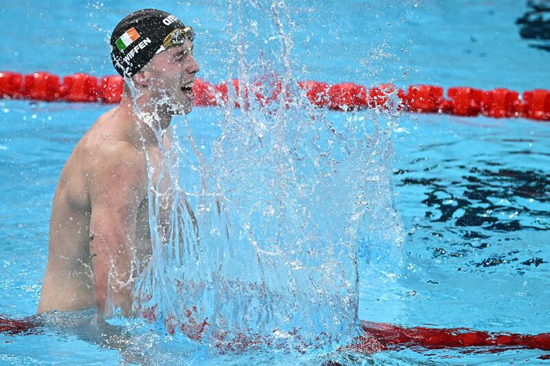 Gold medallist Ireland's Daniel Wiffen celebrates following the final of the men's 800m freestyle. Photograph: Manan Vatsyayana/AFP via Getty