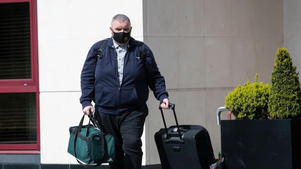 Derek Jennings, from Clondalkin, leaving the Crowne Plaza hotel, Santry, near Dublin Airport, having been released from mandatory hotel quarantine on Sunday. Photograph: Brian Lawless/PA Wire