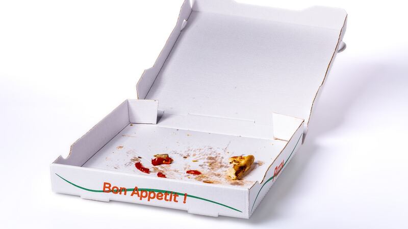 Once you’ve scraped leftover crusts into the bin, the takeaway box can go into the recycling bin, even if it has grease on it. Photograph: iStock