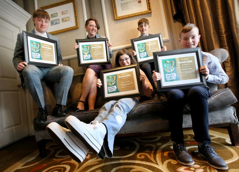 Young carers Cameron Mills (12), Conor Byrne (19), Cillian McCarthy (10), Laura Keelan (12) and Lyrah Dooley (17) were among those honoured. Photograph: Mark Stedman