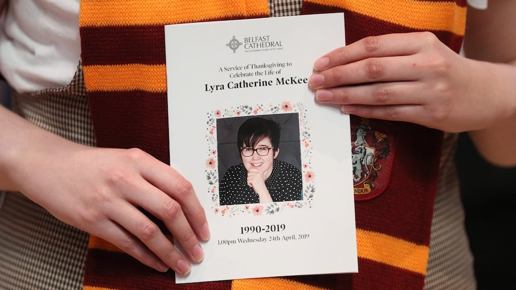 A mourner at the funeral service of journalist Lyra McKee. Photograph: Brian Lawless/EPA