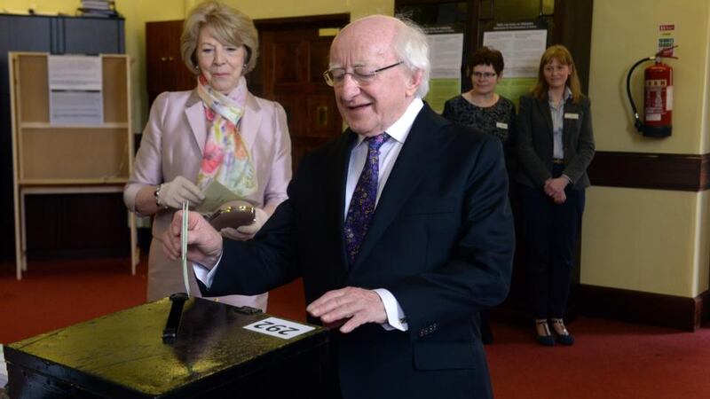 President Michael D Higgins and his wife Sabina voting at Mary’s Hospital polling station this morning. Photograph: Cyril Byrne /The Irish Times