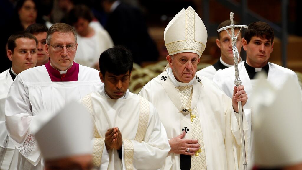 Pope Francis is photographed during a Mass in St Peter’s Basilica at the Vatican on Sunday. Photograph: Yara Nardi/Reuters.