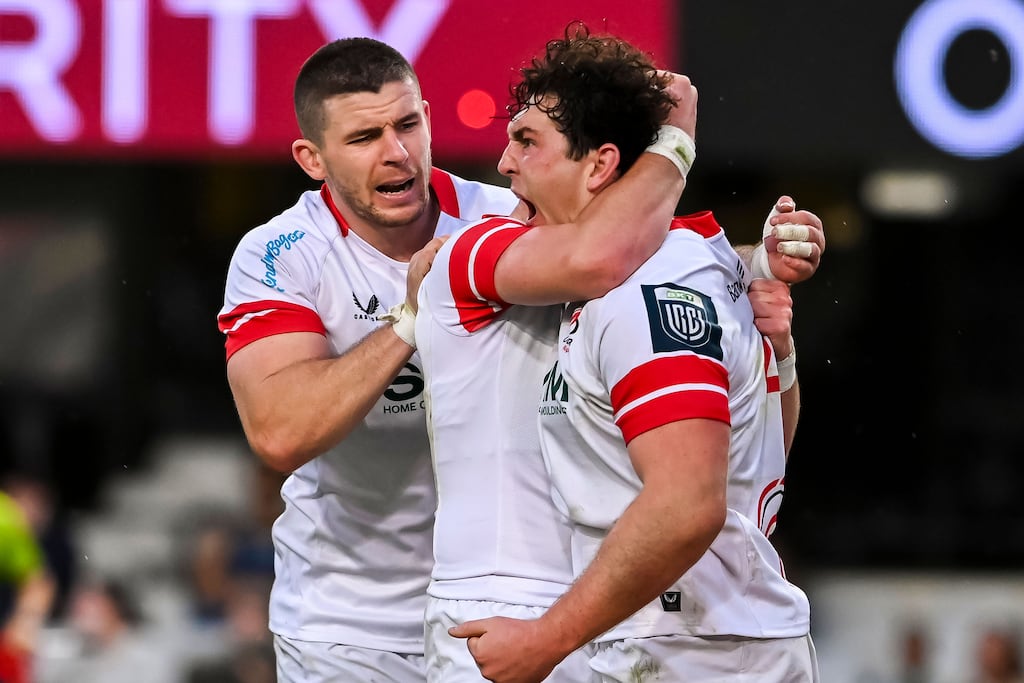 Tom Stewart celebrates scoring a try for Ulster against the Sharks. Photograph: Darren Stewart/Steve Haag Sports/Inpho