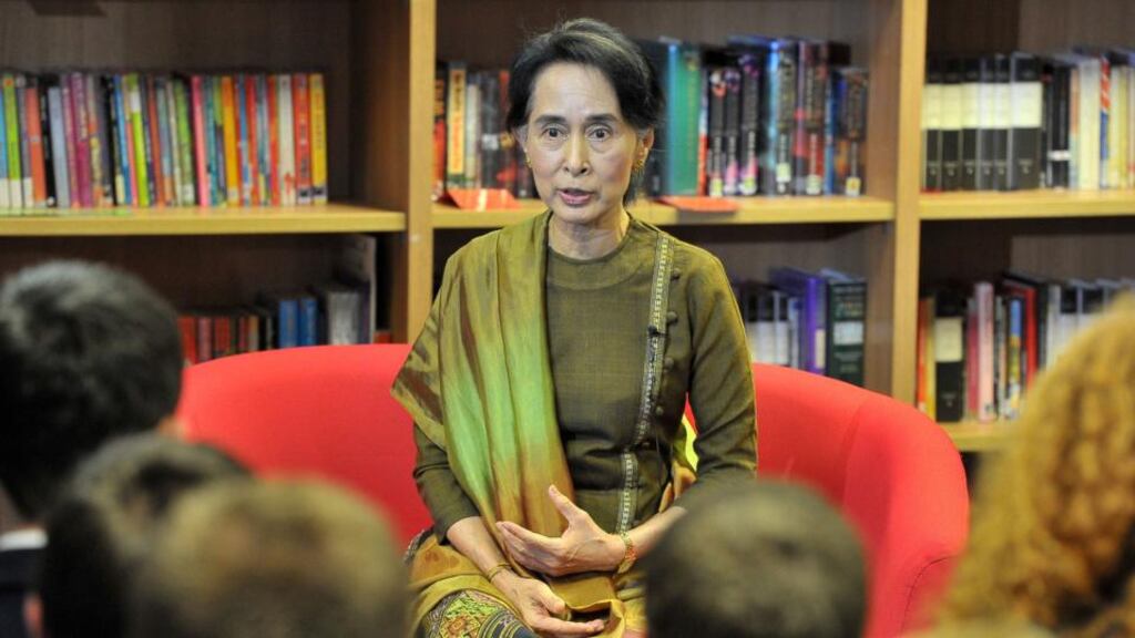 Aung San Suu Kyi speaking to students at Wellington College in Belfast