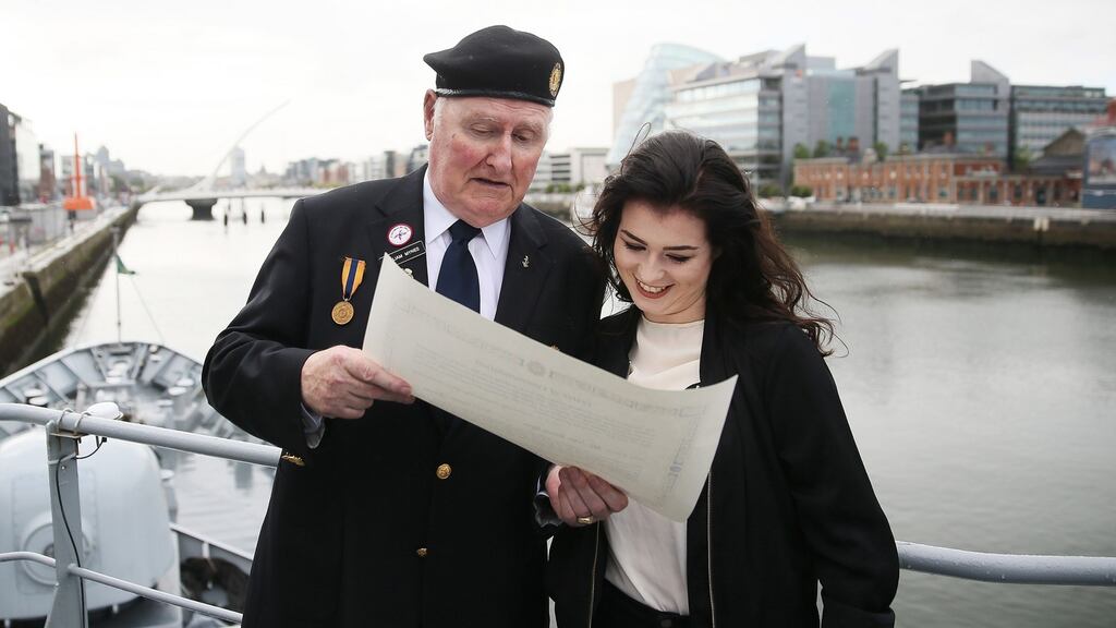 Able stoker Bill Mynes, 73, with his granddaughter Shona at Thursday’s ceremony. Photograph: Brian Lawless/PA