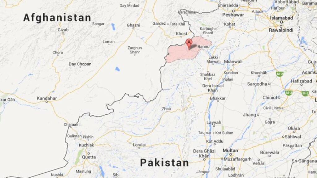 At least nine Pakistani servicemen were killed today when a roadside bomb hit an army convoy passing through the troubled region of North Waziristan (A on map). Image: Google Maps.
