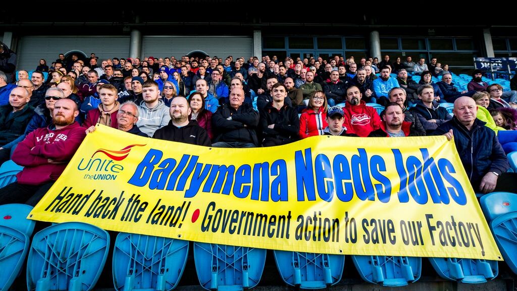 Wrightbus workers and families at Ballymena Showgrounds during a meeting, after the firm entered administration last week. Photograph:  Liam McBurney/PA Wire
